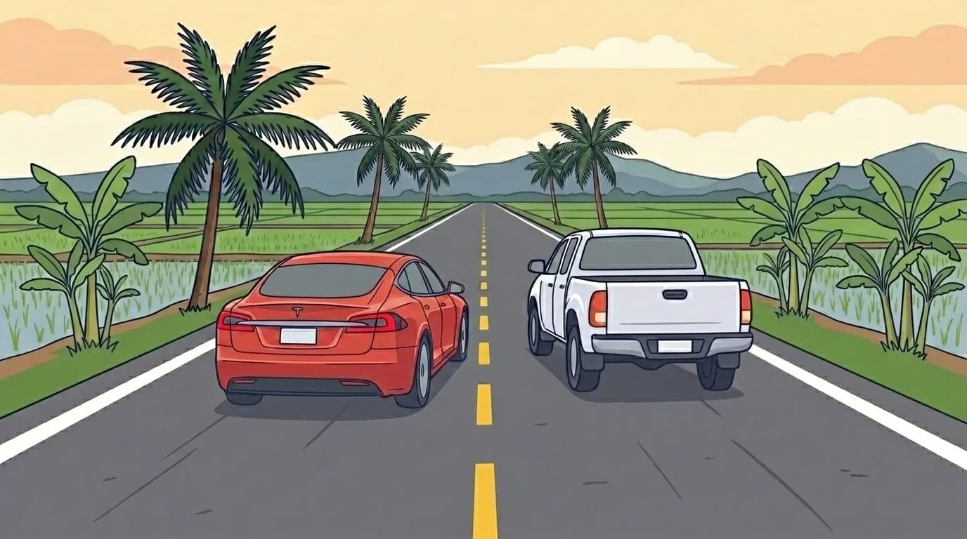 Two cars on a two-lane Thai road with a solid centre line, the rear car beginning to drift across, suggesting an overtaking trap.