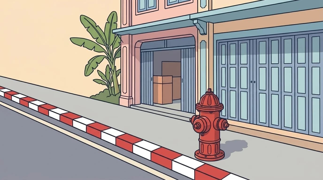 Mascot puzzled next to a red fire hydrant with a small floating '5 m' badge above, suggesting a distance question.