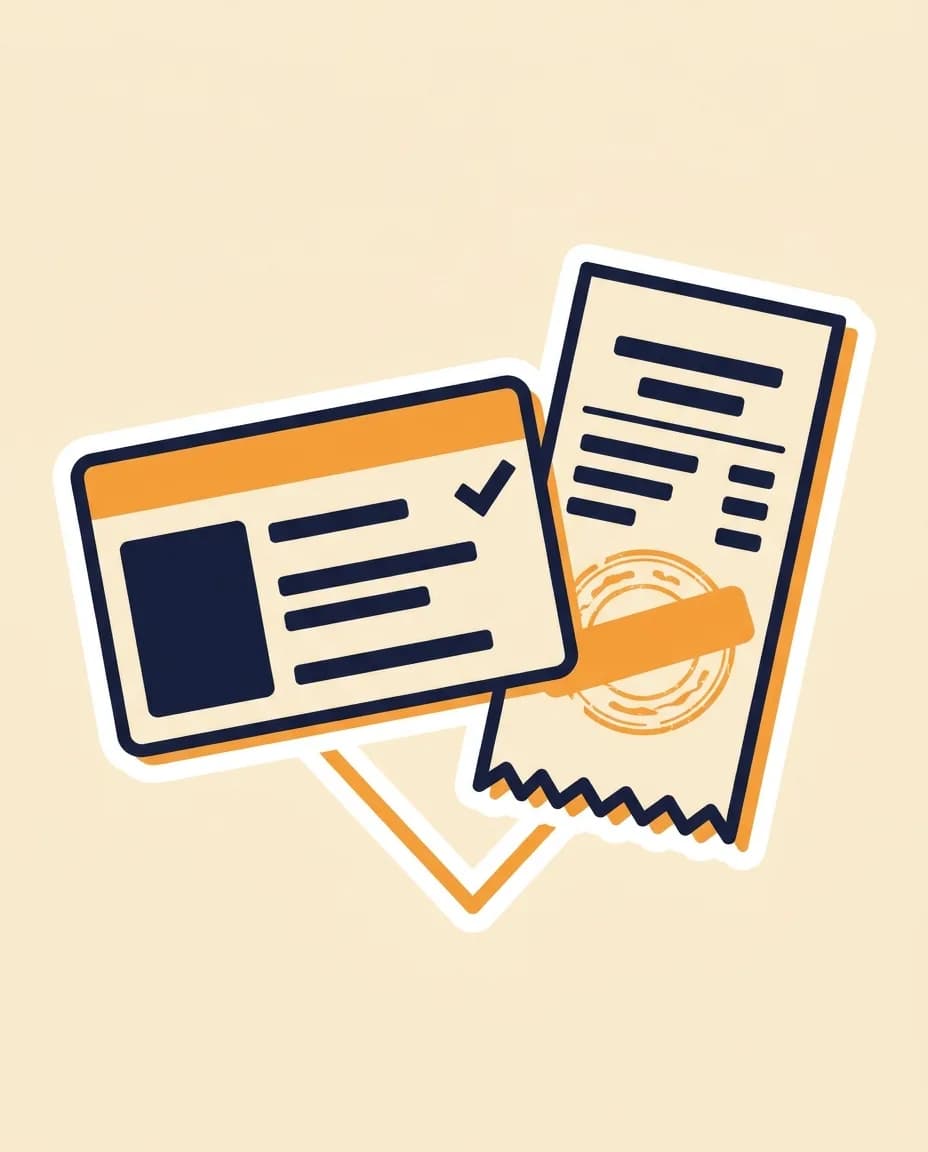 Sticker scene: a Thai driver-licence card with a checkmark next to a refund-receipt with a warm-orange stamp, the two slightly overlapping with a thin V-shape underneath connecting them.