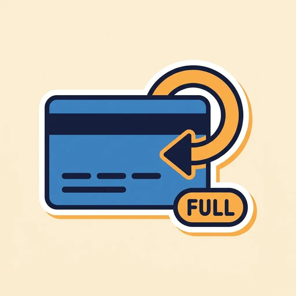 Credit-card sticker with a curved warm-orange refund-arrow looping back into the card, beside a 'FULL' pill badge.