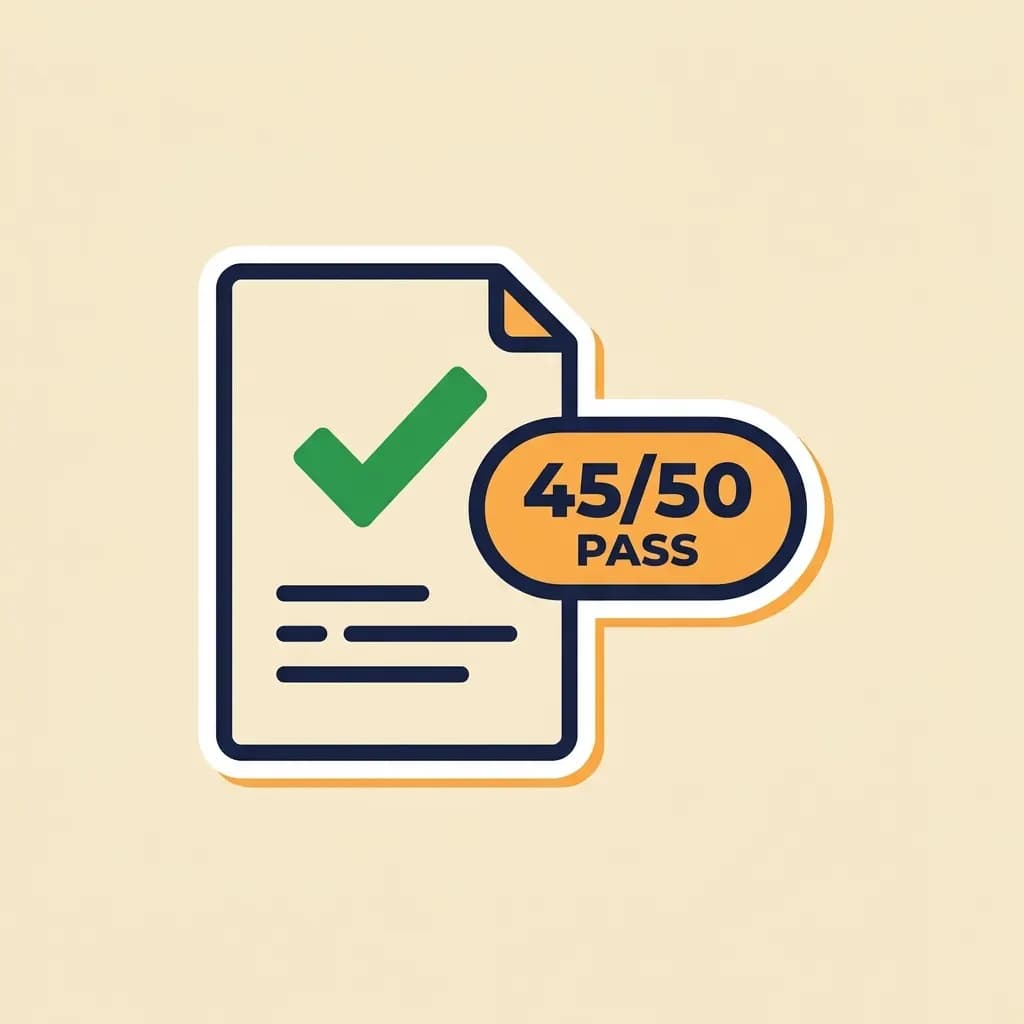 Score-card sticker with a green checkmark and placeholder bars, beside a '45/50 PASS' pill badge.