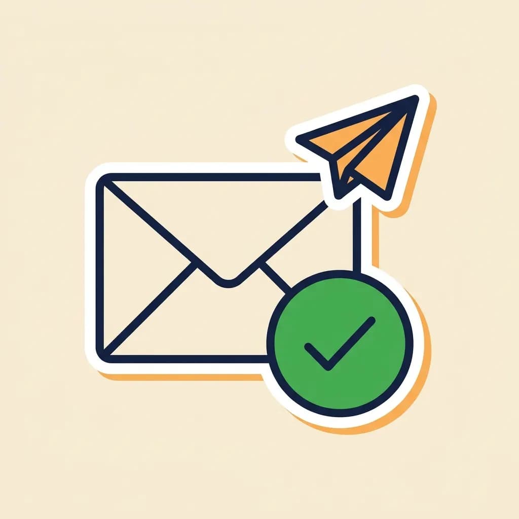 Sticker sealed envelope with a green check-badge and a paper-airplane sticker floating above-right.