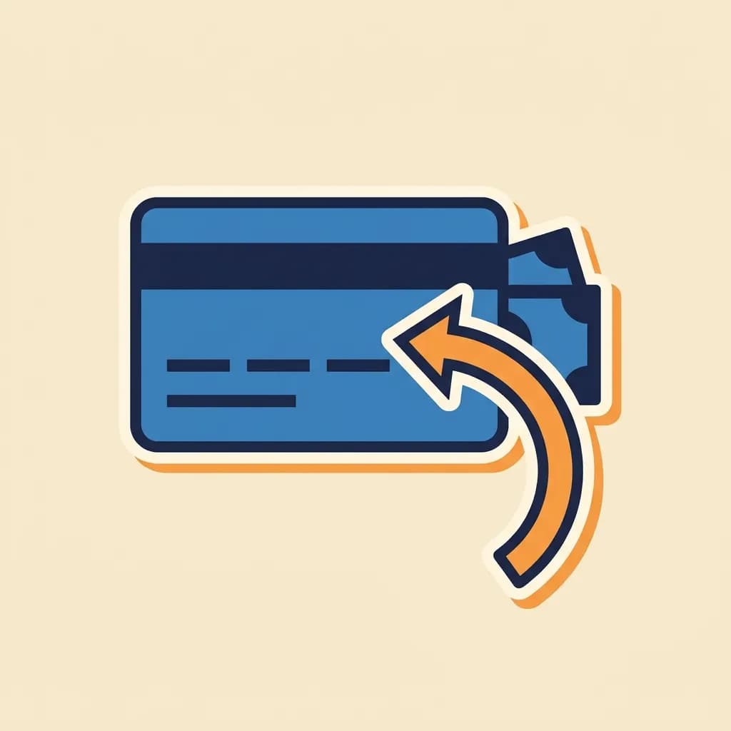 Credit-card sticker with two flat banknote stickers behind it and a curved warm-orange arrow flowing from notes back into the card.