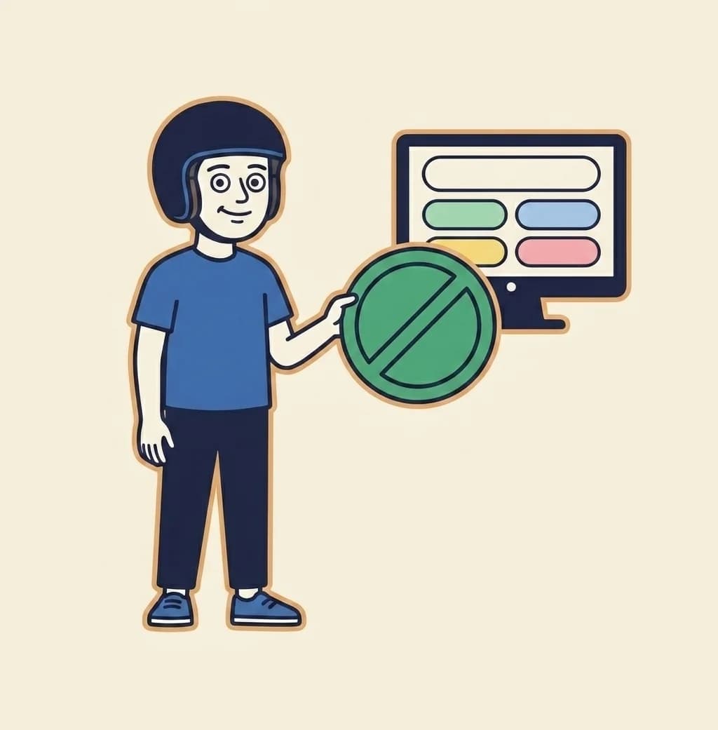 Mascot standing in front of a wall monitor showing a stylised multiple-choice quiz layout, holding a large success-green 'no' circle badge in one hand — signalling the theory quiz is skipped.