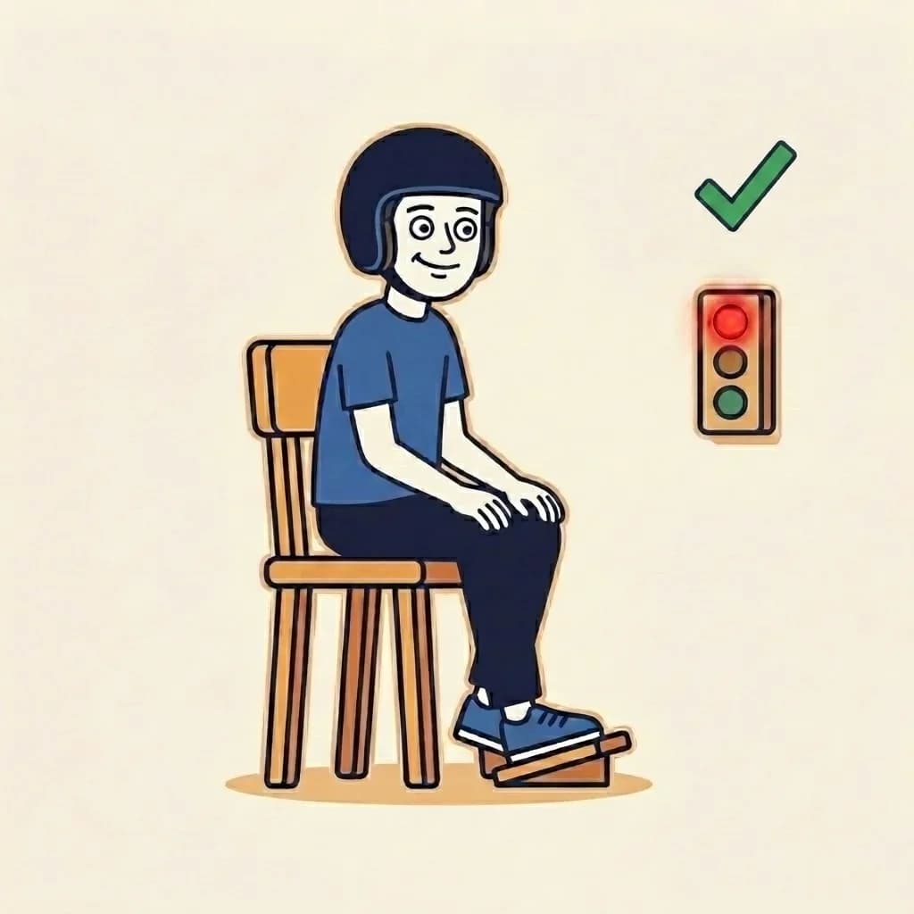 Mascot sitting on a wooden chair, one foot on a small brake pedal beside a wall-mounted three-light traffic-light panel; a small success-green check-mark badge floats above signalling that reaction-and-vision screening is still part of the renewal day.