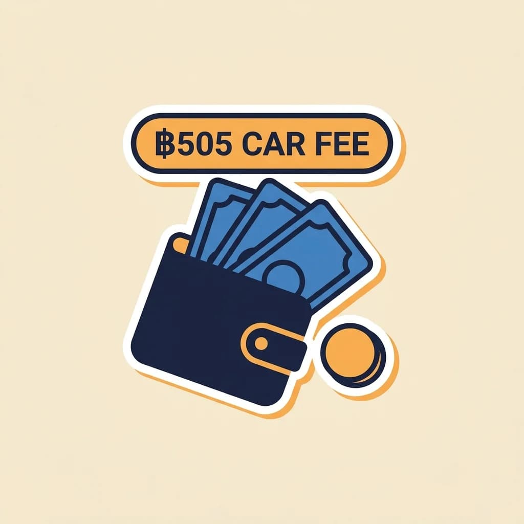 Sticker wallet with banknotes peeking out and a small warm-orange coin beside, paired with a warm-orange pill badge reading '฿505 CAR FEE'.