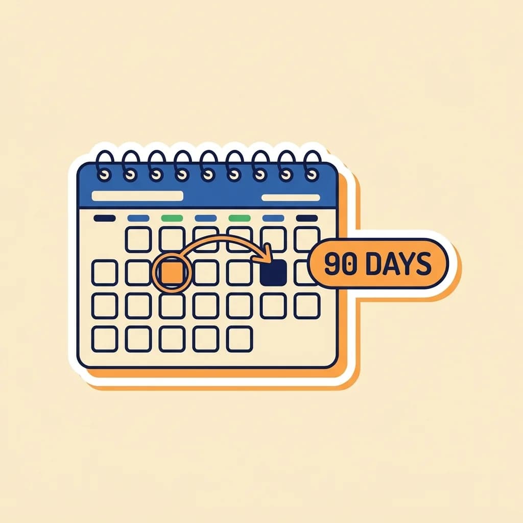 Sticker wall calendar with a warm-orange-circled day and a navy-filled day connected by a curved warm-orange arrow, beside a warm-orange pill badge reading '90 DAYS'.