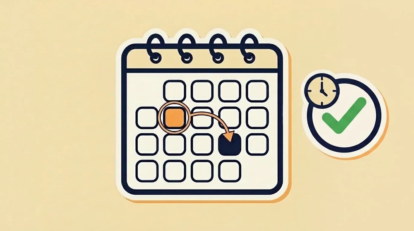 Sticker wall calendar with a warm-orange-circled day-cell on the left and a curved warm-orange arrow arcing to a later day-cell; a small clock icon and a success-green check-mark badge float to the right.