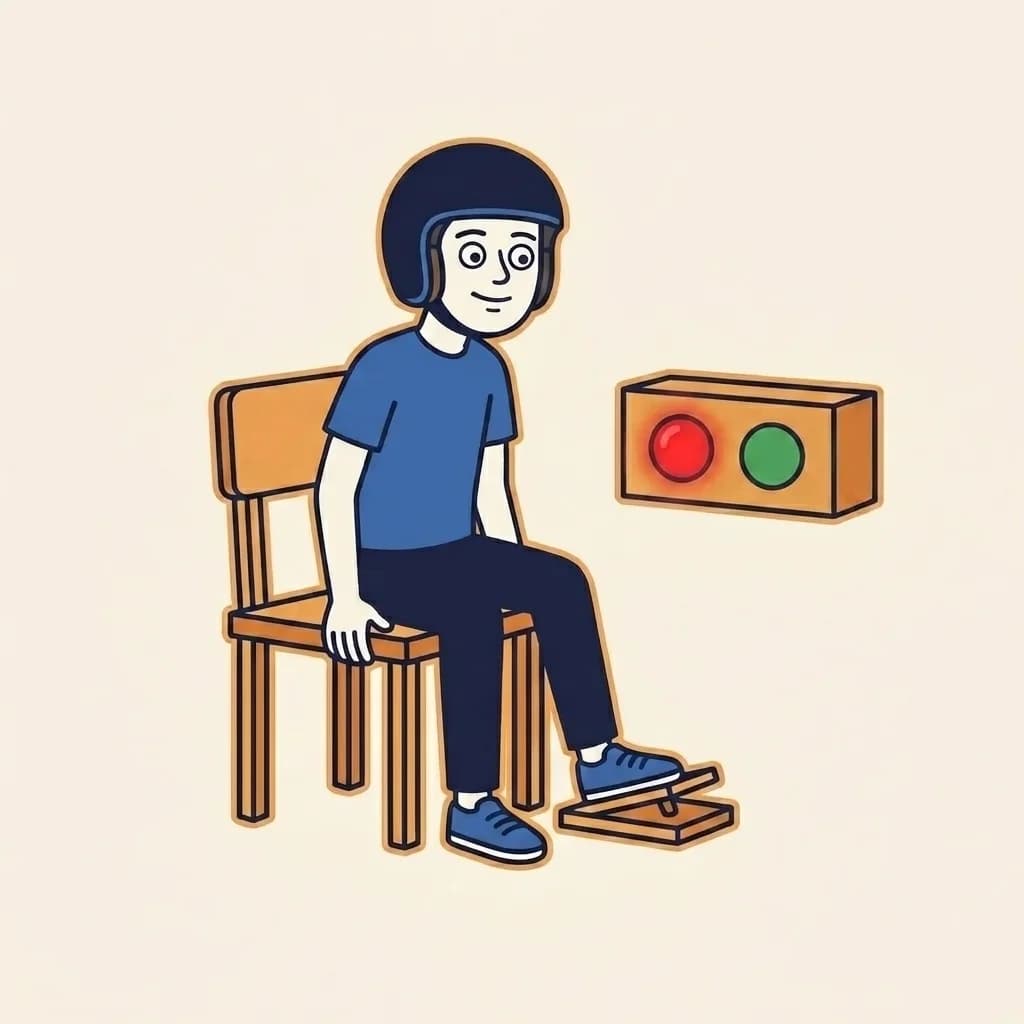 Mascot sitting on a wooden chair, one foot on a small flat brake pedal on the floor, beside a small wall-mounted box showing a red and a green light.