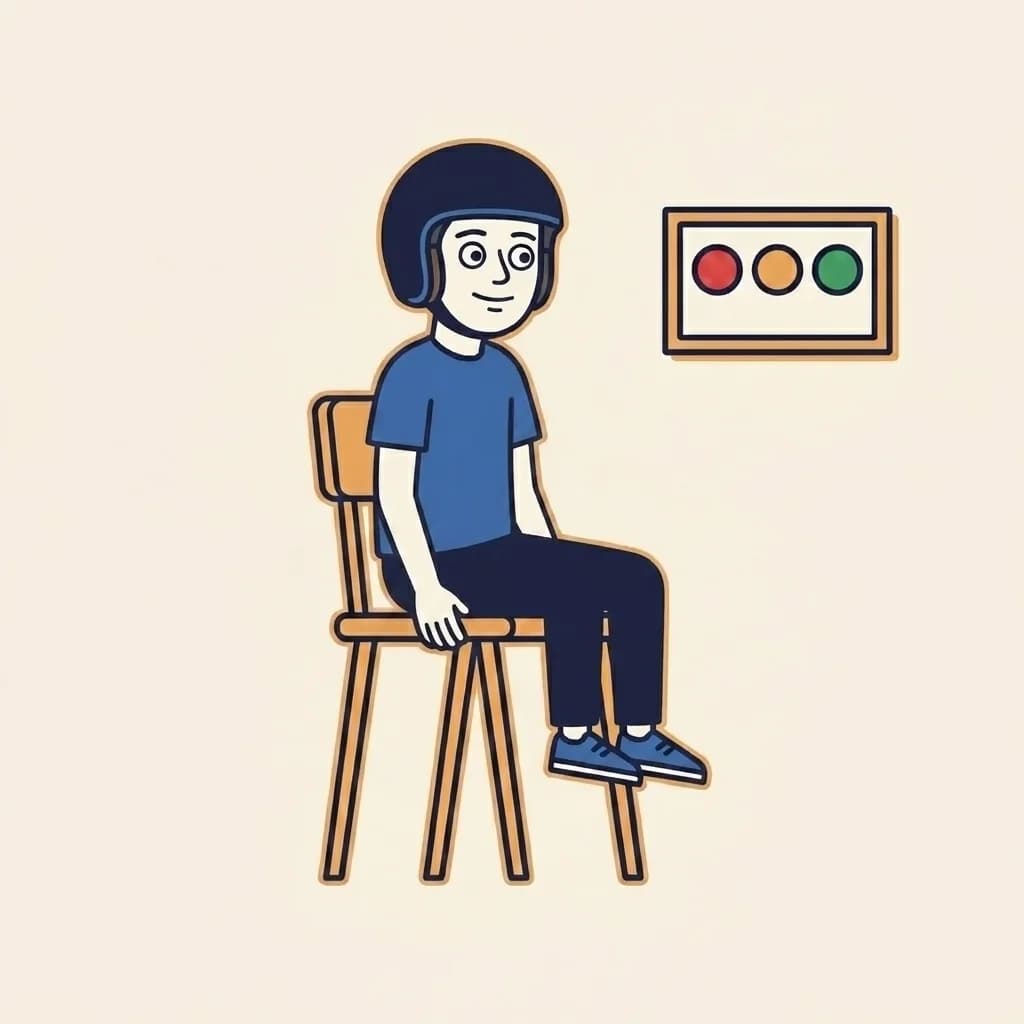 Mascot sitting on a wooden chair with hands resting on the lap, looking toward a small wall-mounted colour-recognition panel showing red, warm-orange, and success-green circles.