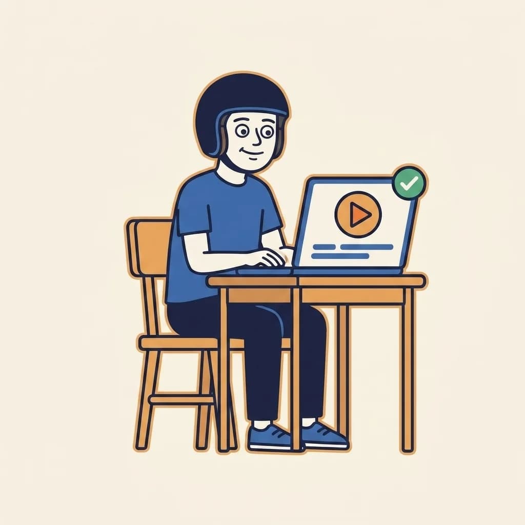 Mascot sitting at a small desk with an open laptop in front of them; the laptop screen shows a stylised play button over an abstract road scene, with a small success-green check-mark badge in the corner.