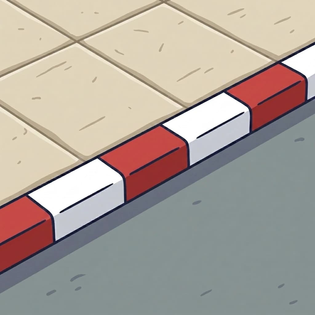 Illustration of a Thai kerb painted with alternating red and white blocks along the pavement edge.