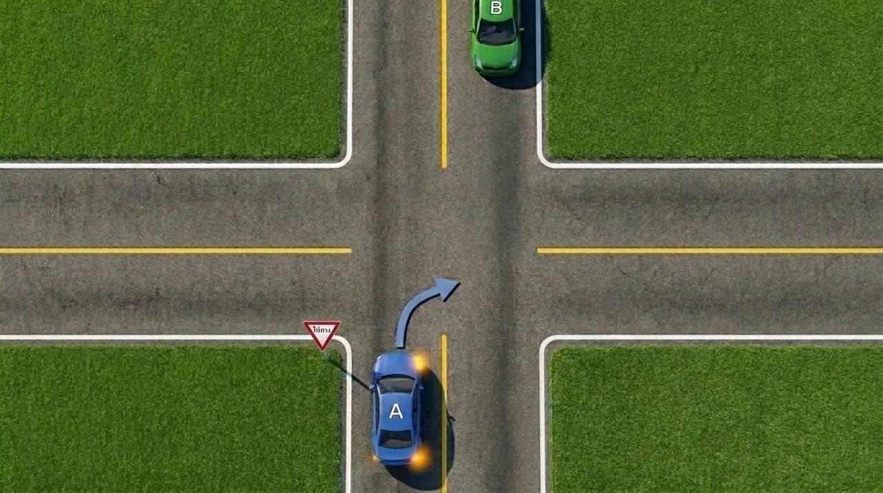 Diagram for a Thai driving-theory question: Car A is approaching an intersection and wants to turn right. A yellow car is coming straight toward A from the opposite direction. What must Car A do.