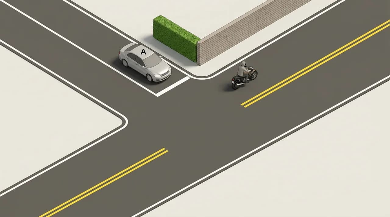 Isometric overhead view of a car (labeled A) exiting a side road onto a main road with yellow center lines, and a motorcycle traveling on the main road ahead. A brick building and green hedge are visible at the junction.
