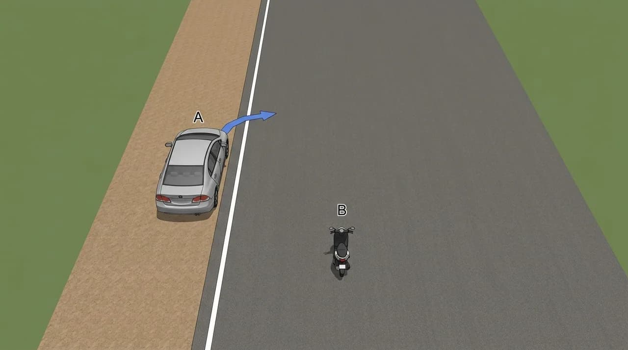 Overhead view of a car (A) at the roadside preparing to move onto a two-lane road with white center line, and a motorcycle (B) traveling in the right lane ahead.