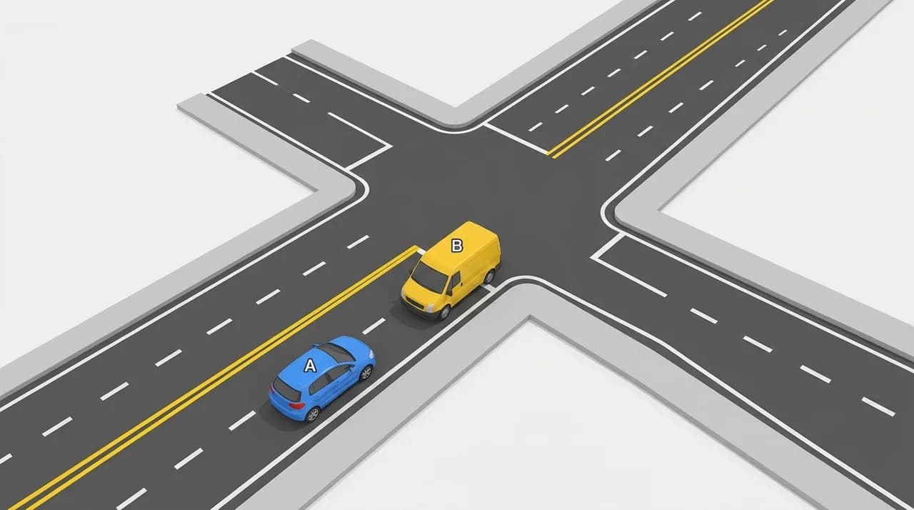 Diagram for a Thai driving-theory question: You are approaching an unsignaled intersection where the car in front has stopped. The road ahead looks clear. What should you do.