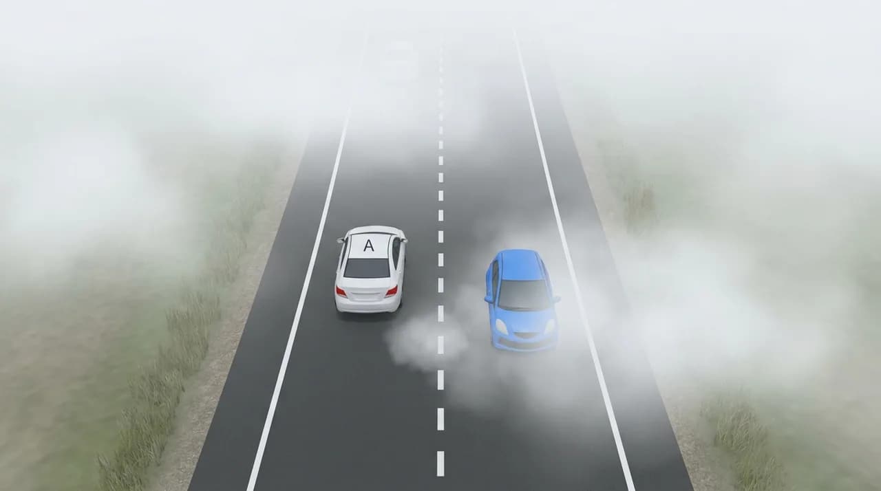 Two-lane road in heavy fog with white car labeled "A" in left lane and blue car in right lane, separated by dashed center line; driver POV perspective.
